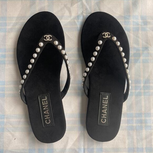 Celine Black Flip-Flops Embellished With Pearls And The Iconic Double C Logo At - Picture 1 of 6